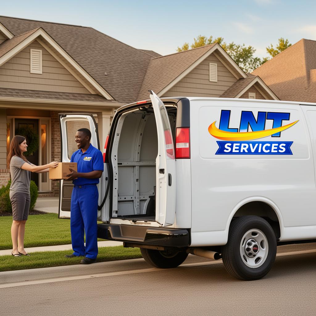 LNT Services driver in blue uniform handing a cardboard box to a woman at her front door, white GMC Savana van with back doors open and LNT Services logo on the rear